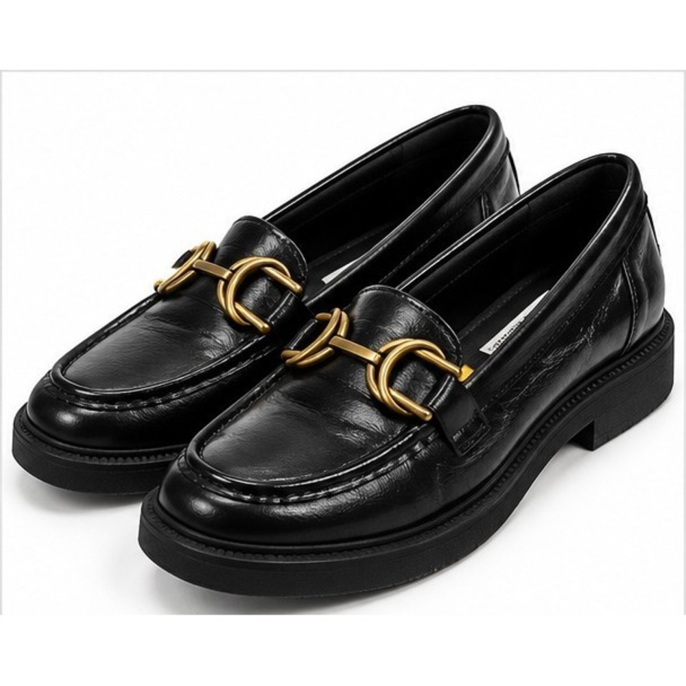 Steve Madden Sheyla 7M Black Loafers Gold Horsebit Slip On Penny Moccasins